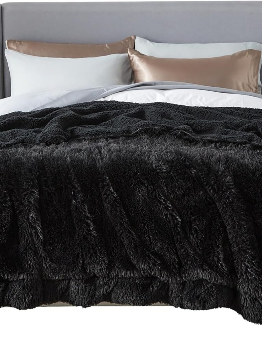 NEW King Black Faux Fur Sherpa Blanket 108x90 Cozy Reversible Fleece